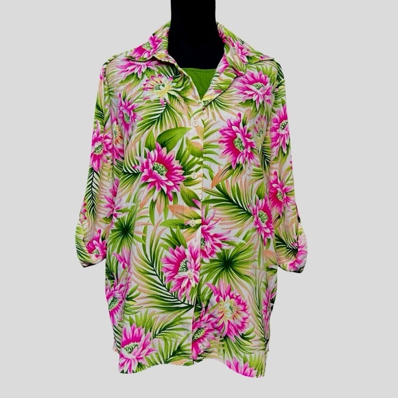 BonWorth Floral Green and Pink Collared Layered Tank Women's Size Small Blouse - Picture 1 of 10